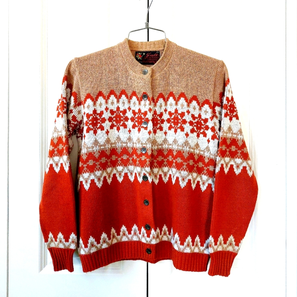 80s‎ Tan & Orange Fairisle Cardigan Snowflakes Jersild Autumn Christmas sz 34